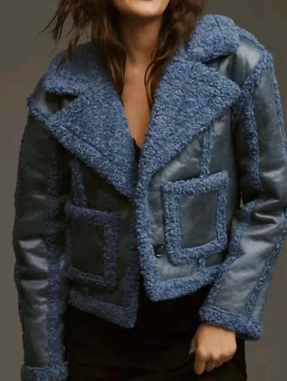 7 For All Mankind Stella Faux Fur Shearling Cropped Coat S Blue NEW